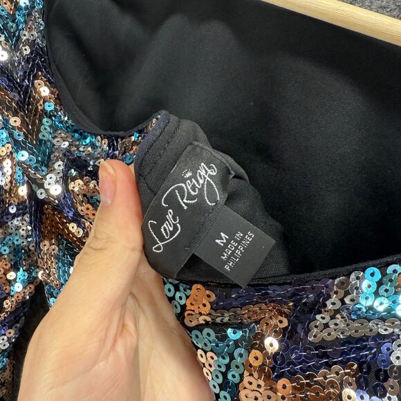 Love Reign Dress Women M Medium Blue Striped Sheath Short Sequin Lined Casual - Picture 5 of 7